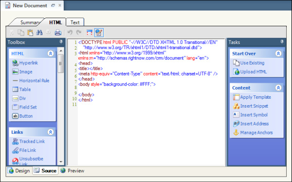 This image shows the HTML editor. There are three tabs at the top of the window: Summary, HTML, and Text. The HTML tab is currently selected. Toolbox options are on the left side of the editor; Tasks options are on the right. Sample HTML displays in the center pane of the window.