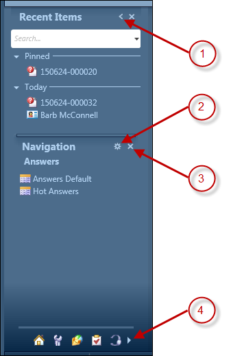 This figure is described in the surrounding text. The following items have call-outs associated with them: Minimize icon, Customize List icon, Close icon, and the Navigation set buttons.