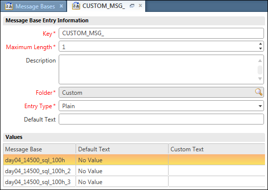 This image shows a new message-base-entry window with the Key, Maximum Length, Folder, and Error Type fields populated with information. Three Message Base values appear at the bottom of the window.