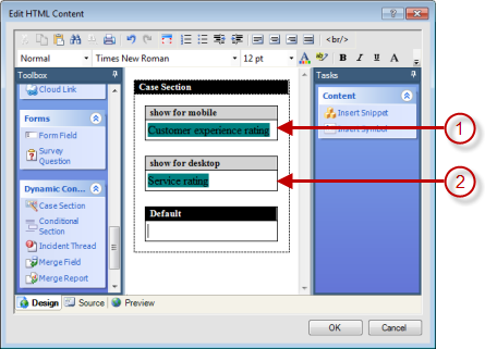 This image shows the HTML editing window with examples of using conditional content to determine if content displays on a mobile device or on a desktop.