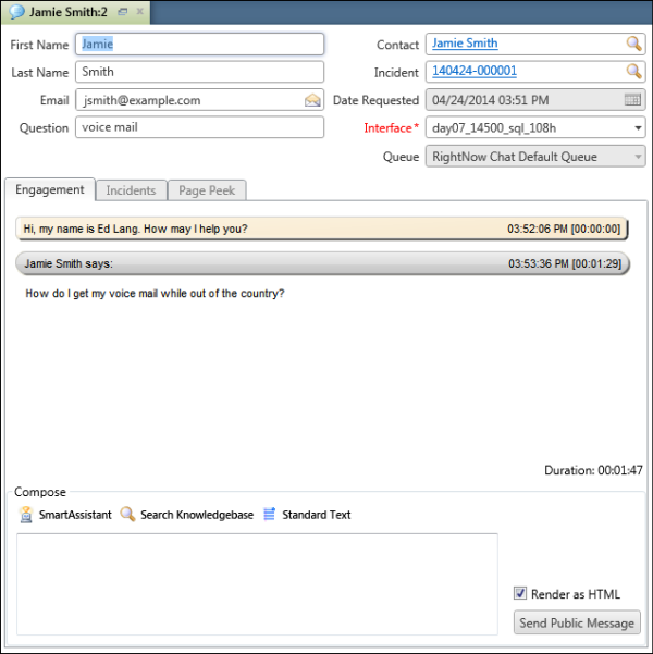 This figure shows a chat-session window, and is described in the surrounding text. It contains the following fields: First Name, Last Name, Email, Question, Contact, Incident, Date Requested, Interface, Queue, Compose (options: SmartAssistant, Search Knowledgebase, Standard Text). The window also contains the following tabs in the transcript section: Engagement, Incidents, and Page Peek.