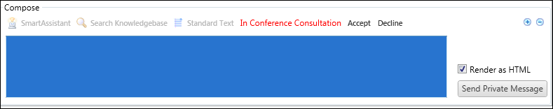 This figure shows what the Compose section of the chat-session window looks like after you have conferences another agent into a chat and that agent has clicked View. The section indicates In Conference Consultation, and a message area is highlighted in blue for private messaging.