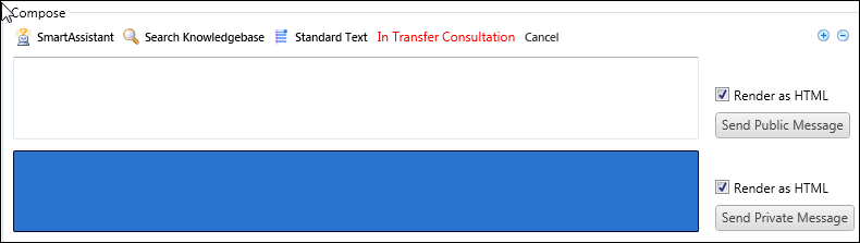 This figure shows what the Compose section of the chat-session window looks like after you have requested to transfer the chat to another agent and that agent has clicked View. The section indicates In Transfer Consultation, and a message area is highlighted in blue for private messaging.