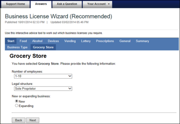 This figure shows a sample Intelligent Advisor interview – in this case, a Business License Wizard for a grocery store.