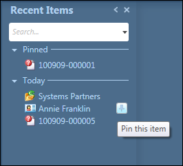 This figure shows pinned items in the Recent Items tool window.