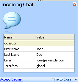 This figure shows preliminary screen pop that appears as an Incoming Chat window. It is described in the surrounding text.