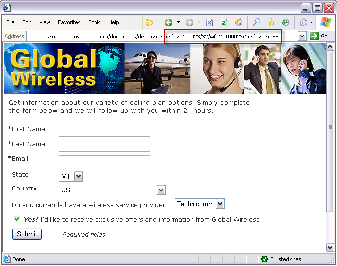 This figure shows a web form for a sample company, Global Wireless, with several fields that have been prefilled. Those fields are described in the text that precedes the figure.