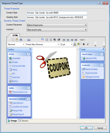 This image shows the Response Thread Type window. The window contains three sections: Thread Properties (two text-entry fields), Dynamic Thread Content (two drop-down lists), and the HTML editor. An image of a coupon appears in the HTML editor pane.