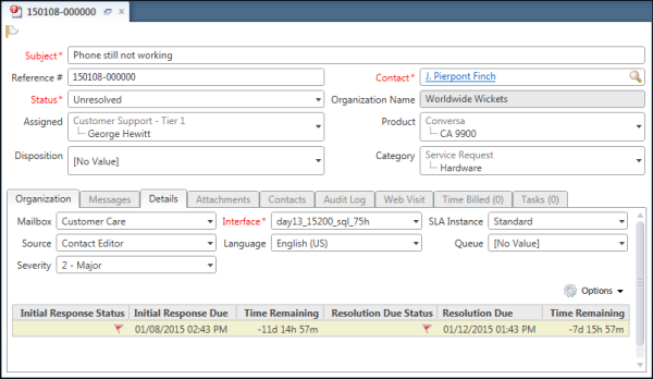 This figure shows an incident workspace that has been configured to display resolution due calculations. These calculations appear at the bottom of the workspace, and contain the following information: Initial Response Status (flag), Initial Response Due (date), Time Remaining (days, hours, minutes), Resolution Due Status (flag), Resolution Due (date), Time Remaining (days, hours, minutes).
