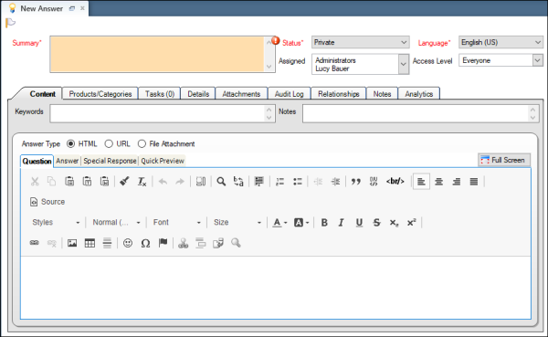 This image shows the standard answer workspace. It consists of a ribbon and an editing pane in which to create the new answer. A Summary text-entry field and Status, Assigned, Language, and Access Level selection options appear at the top of the pane. The editing pane has the following tabs: Content, Products/Categories, Tasks, Details, Attachments, Audit Log, Relationships, Notes, and Analytics. In the example, the Content tab displays. The tab contains the following options: Answer Type (HTML, URL, File Attachment radio buttons); Question, Answer, Quick Preview tabs.