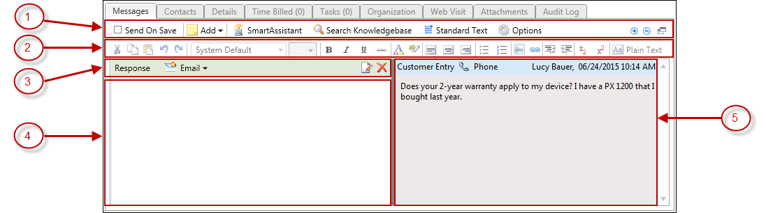 This figure shows the Rich Text Incident Thread control on the standard incident workspace with the following areas highlighted: Messages tab toolbar (Send On Save, Add, SmartAssistance, Search Knowledgebase, Standard Text, Options), incident thread toolbar (formatting tools). It also shows the uncommitted threads panel on the left (with title bar), and the committed threads panel on the right.