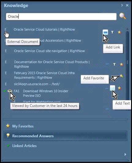 The image shows the Knowledge window seen in Agent Desktop and specifically indicates the position of icons for external documents, add link, add favorite, add task, and viewed by customer in the last 24 hours.