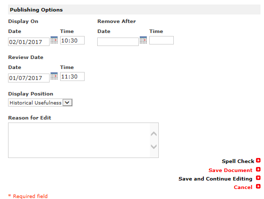 Graphic shows Publishing Options with the Display On Date field set to 02/01/2017 with a time of 10:30, the Review Date field set to 01/07/2017 with a time of 11:30, and the Remove After Date field left blank. The Display Position field is set to Historical Usefulness.