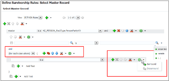 The Define Survivorship Rules: Select Master Record page with the Surround icon highlighted.