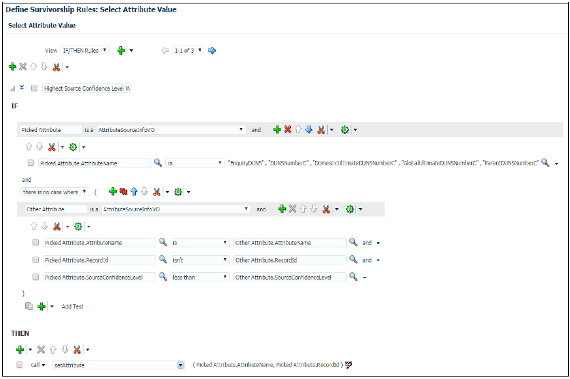 Completely filled Define Survivorship Rules: Select Attribute Values page. The IF and THEN rules conditions are populated for creating the set attribute value rule to select the values with the earliest source update date as the surviving attribute value.