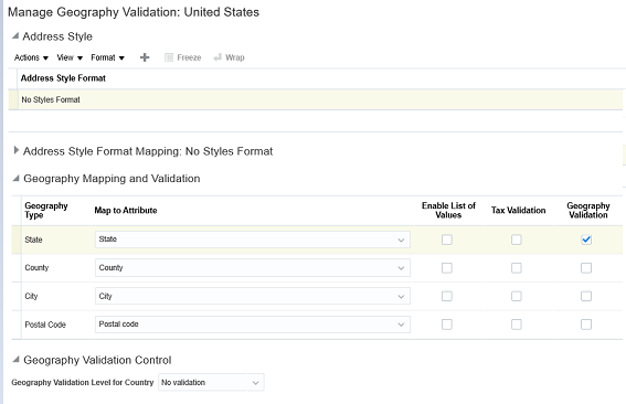Manage Geography Validation page highlighting the Geography Validation options