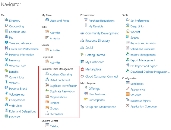 Navigator menu with a list of tasks.