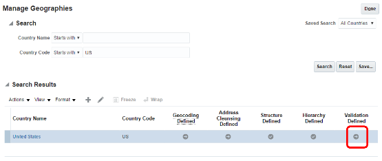 Select Validation Defined column to enable address validation for the country