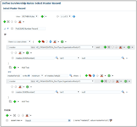Completely filled Define Survivorship Rules: Select Master Record page with IF and THEN rule conditions to pick the record with D-U-N-S number and minimum party ID as master.