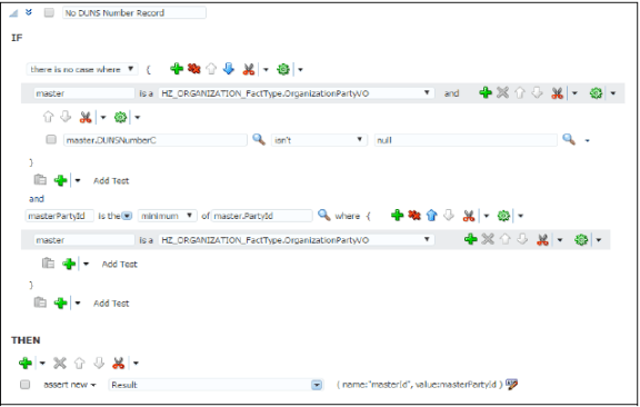 Define Survivorship Rules: Select Master Record page with the IF and THEN rule conditions to pick the record with no D-U-N-S number and minimum party ID as master.