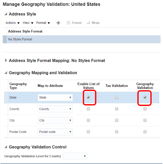Manage Geography Validation page highlighting the location of the Enable List of Values and Geography Validation options for the US State geography type.