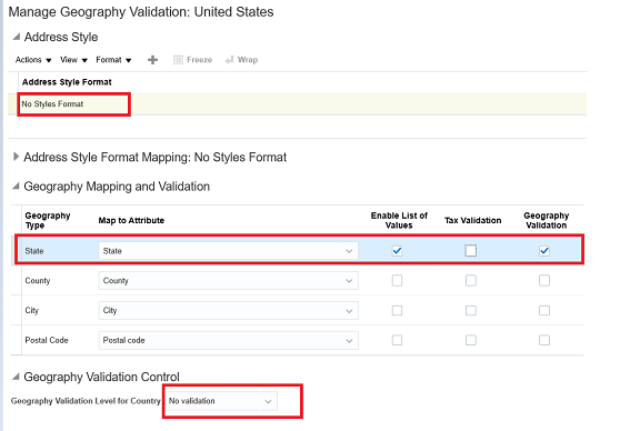 The Manage Geography Validation page with No Style Format tab and Geography Validation Control highlighted.