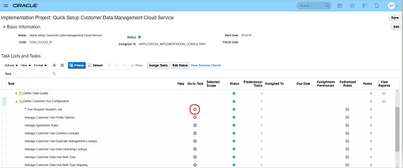 Quick Setup Customer Data Management Cloud Service implementation project, highlighting the Go to Task icon.