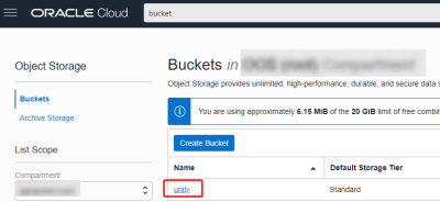 An image of the Buckets section in Oracle Object Store