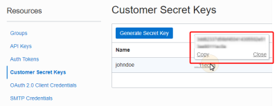 An image of the Customer Secret Keys section
