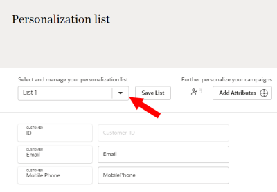 An image of the drop-down list for personalization attribute lists