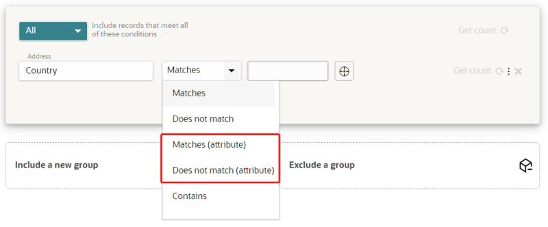 Image of Matches (attribute) and Does not match (attribute) conditions