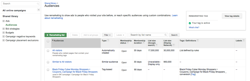 Image of AdWords' Audiences page