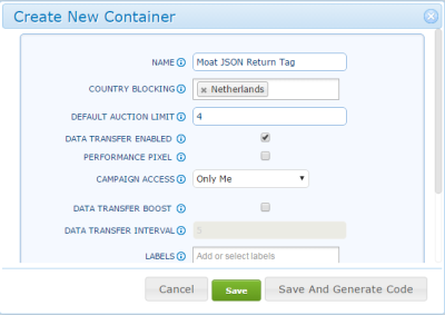Image of Create New Container dialog showing a Moat JSON return configuration