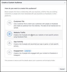 Facebook ad manager custom audience dialog with Website Traffic selected