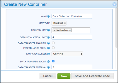 Create New Container dialog