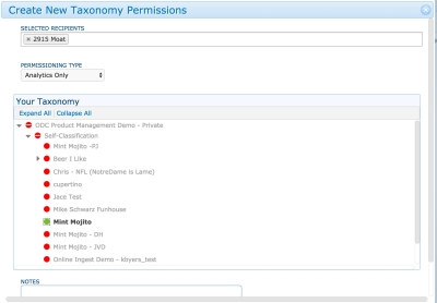 Image of the Create New Taxonomy Permissions dialog with specific categories selected