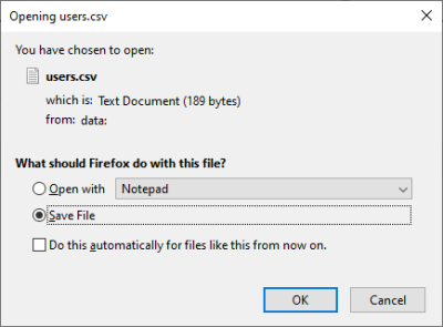 Screenshot of saving export file