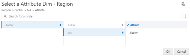 screenshot shows the Atlanta attribute dimension member in the node selector