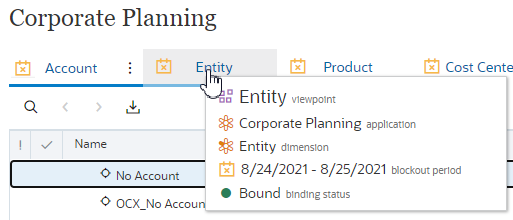 screenshot shows blockout period for Entity viewpoint in Corporate Planning application