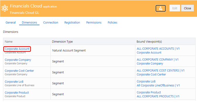 screenshot shows Dimensions tab of the Financials CLoud application
