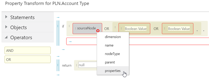 IF condition showing sourceNode, the dot to click, and properties