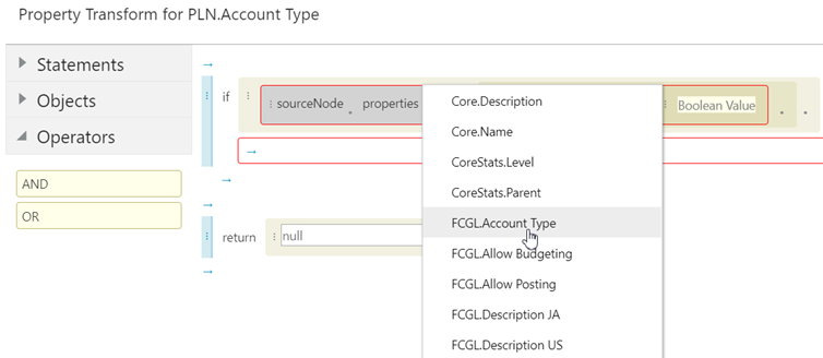 properties dropdown with all of the relevant properties displayed