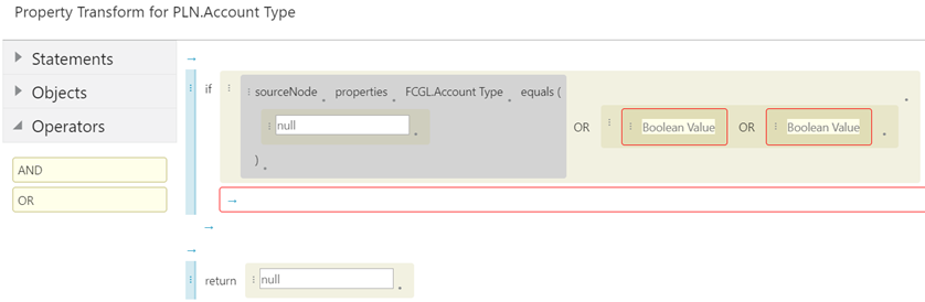 If expression now reads sourcenode properties FCGL Account Type equals