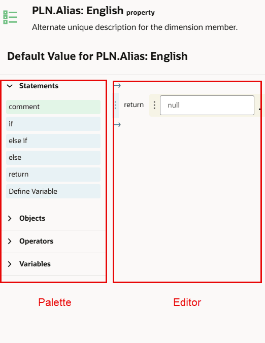 expression builder with the palette on the left and the editor on the right