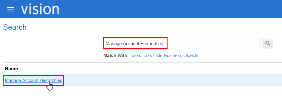 screenshot shows Manage Account Hierarchies task