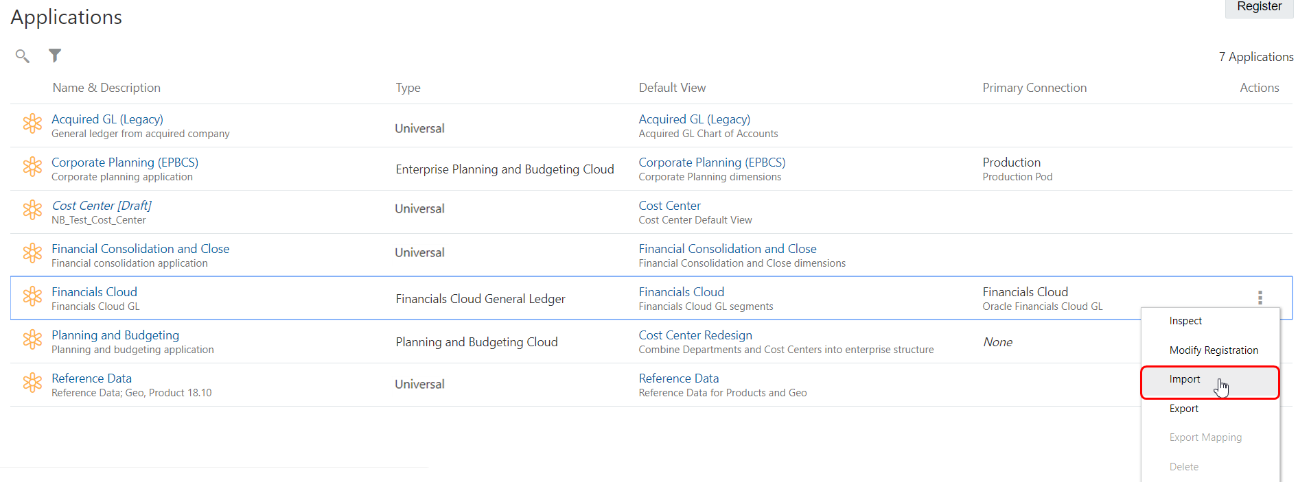 screenshot shows the Financials Cloud application with the Import option highlighted