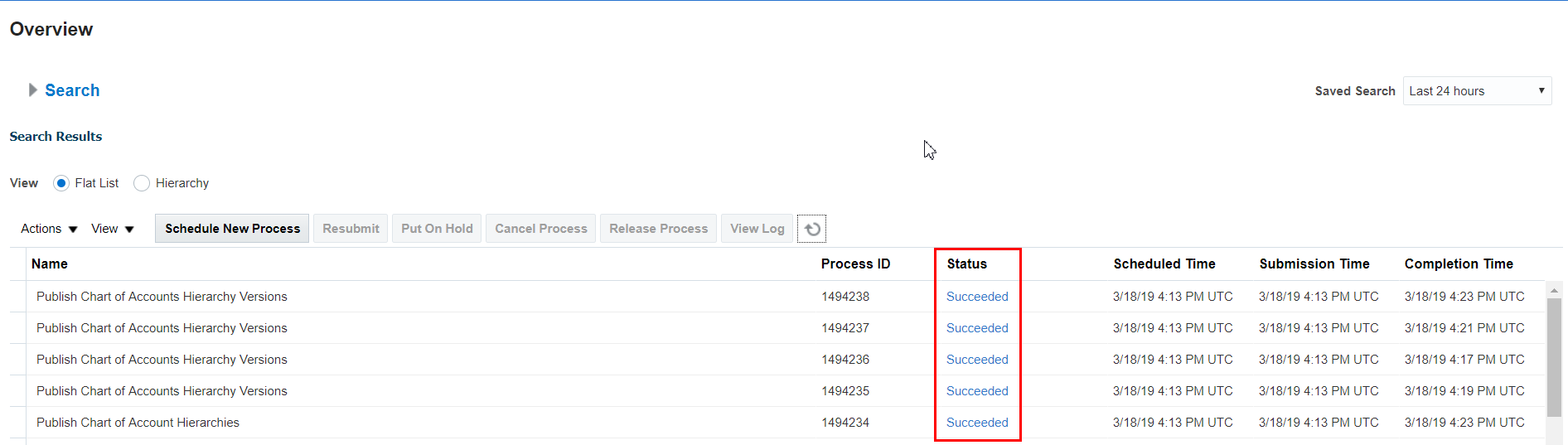 screenshot shows five publish processes that completed successfully
