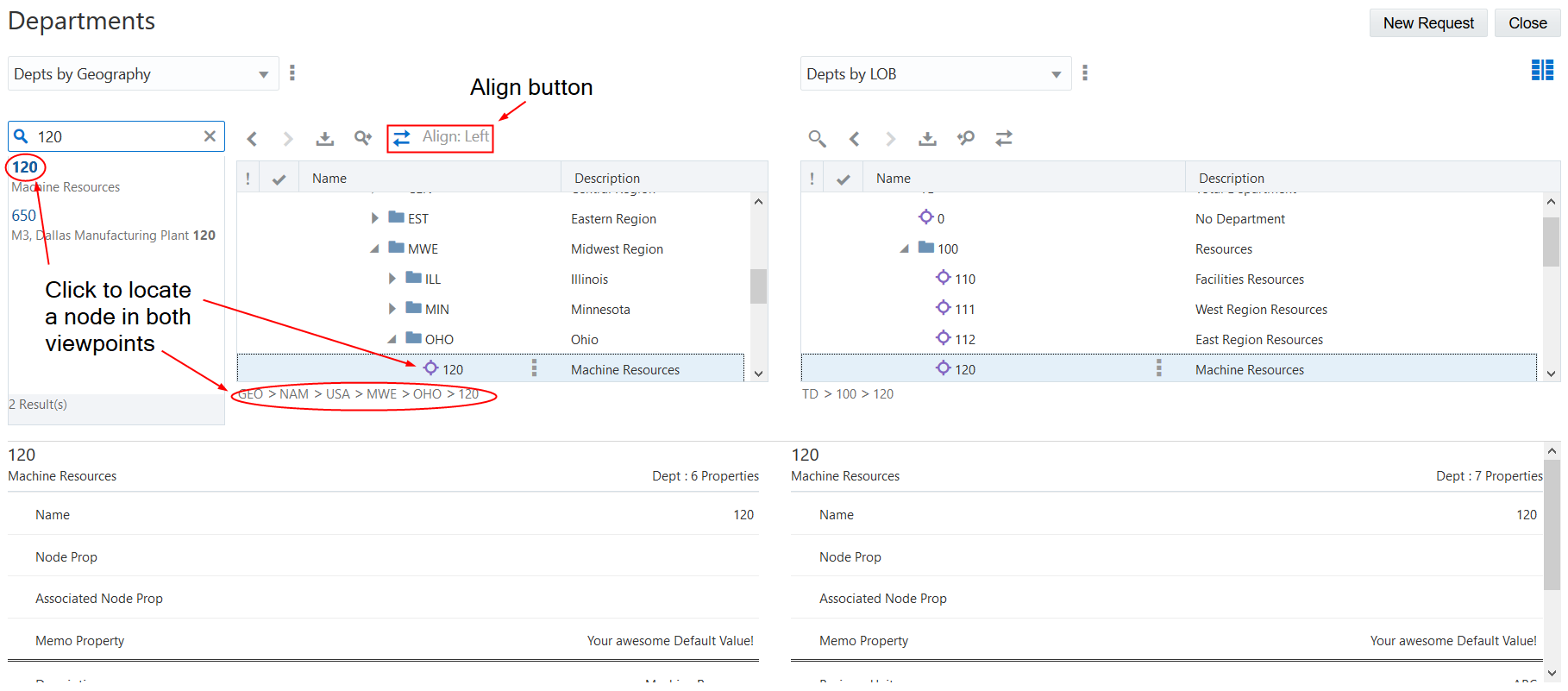 property differences in align nodes and properties screen with align button highlighted