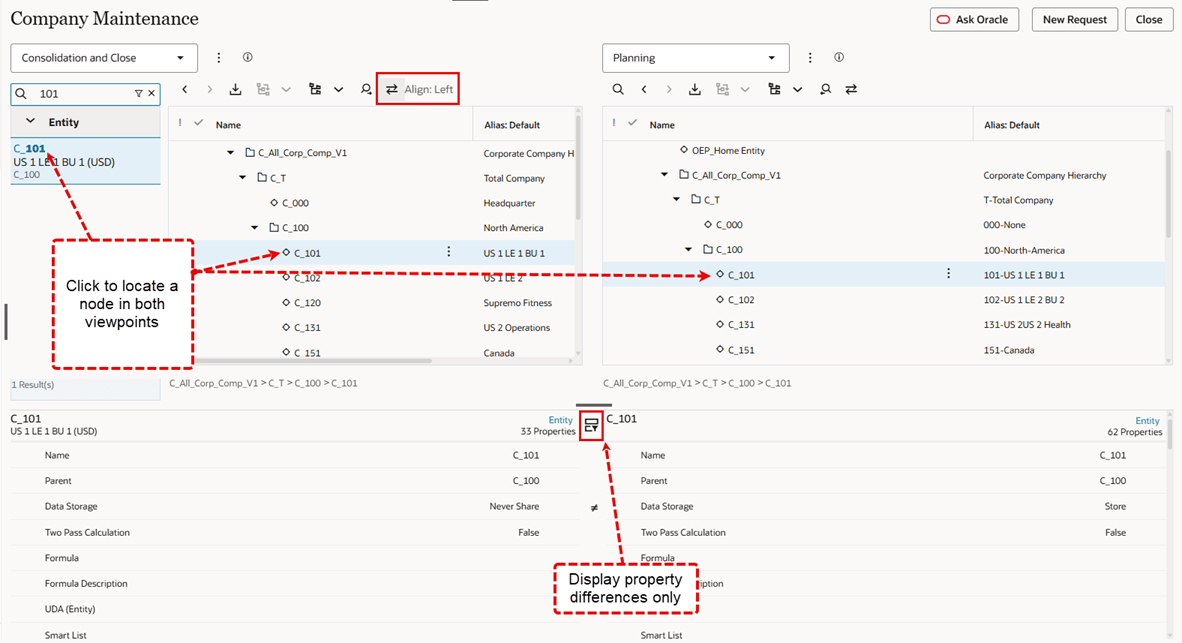 property differences in align nodes and properties screen with align button highlighted