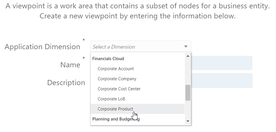 screenshot shows Corporate Product dimension in the drop down menu